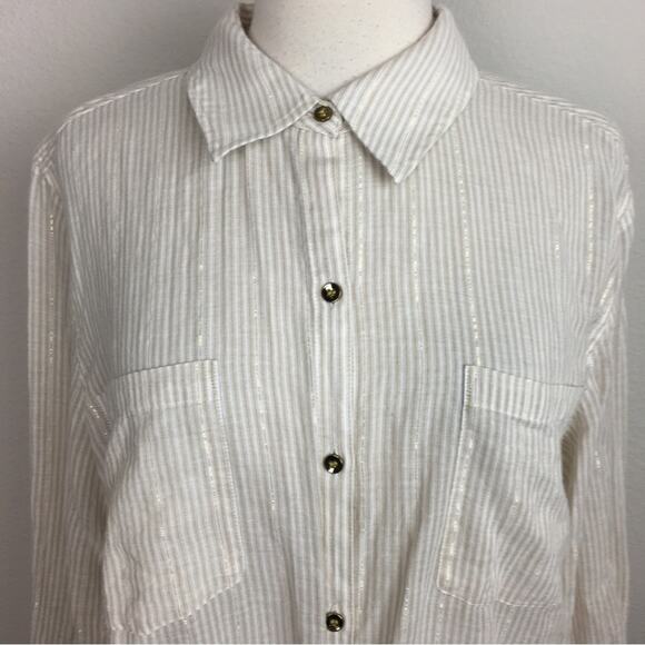 Chico's Gold Tan White Stripe Cotton Long Sleeve Button Down Shirt 2 - Picture 2 of 9